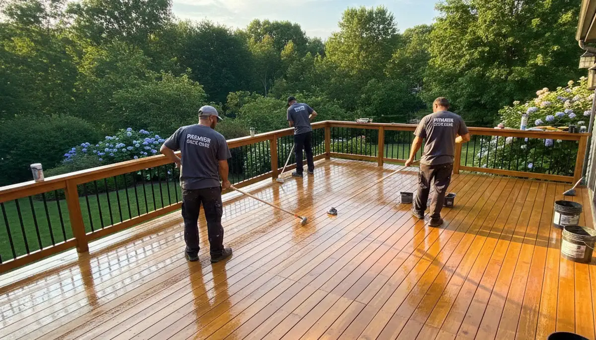Boston Paint Pros sealing a wood deck in Boston, MA to protect against moisture and UV damage