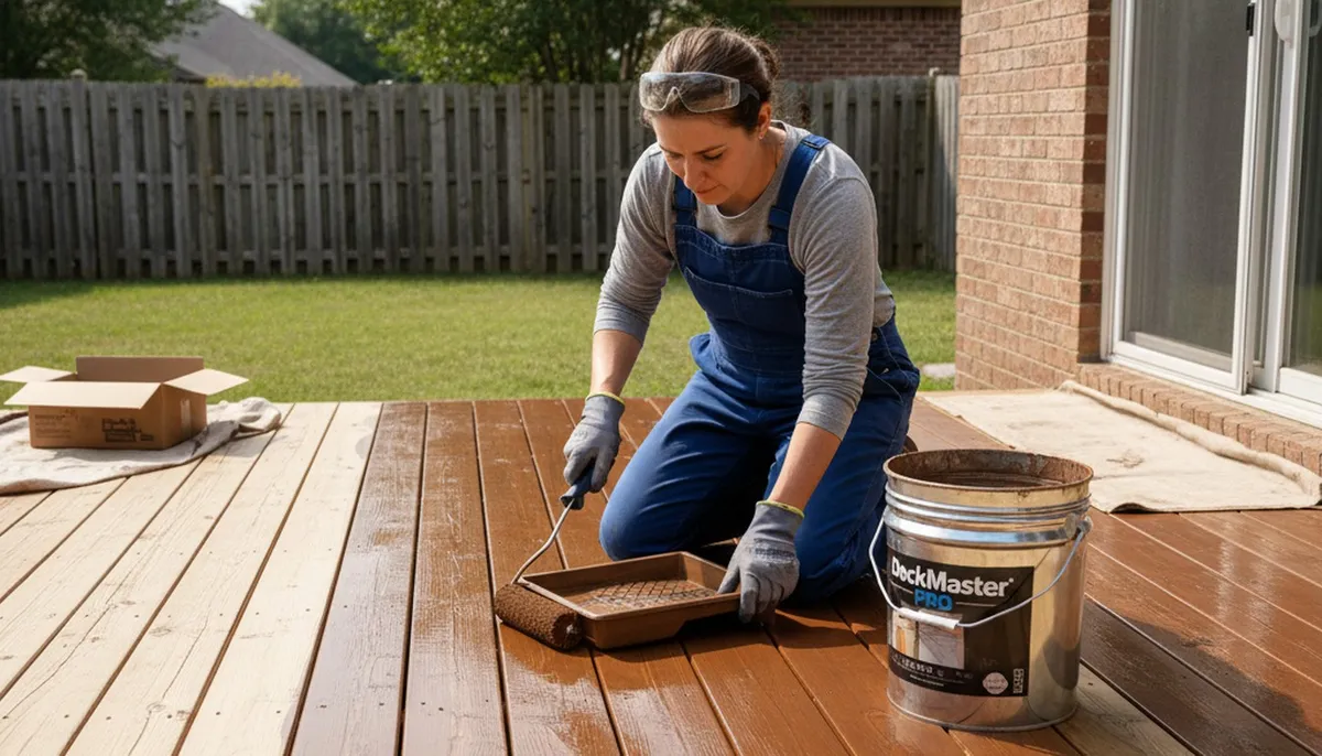 Boston deck staining service applying protective wood stain on an outdoor deck in Boston, MA