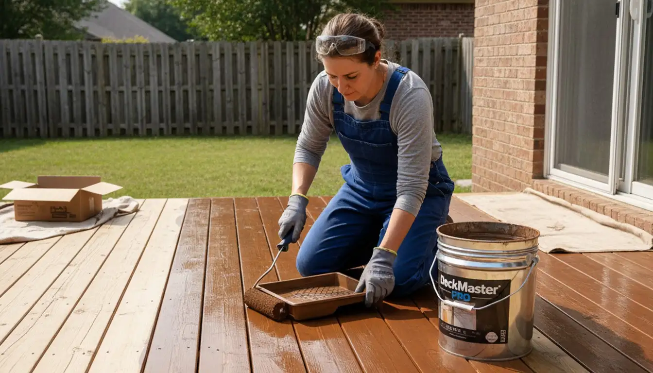 Boston deck staining service applying protective wood stain on an outdoor deck in Boston, MA