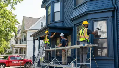 Boston, MA painting contractors preparing a home exterior for professional paint service